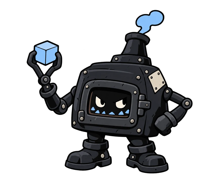 Clink, the Stonkforge workshop mascot: a little charcoal furnace holding a blue cube with smithing tongs